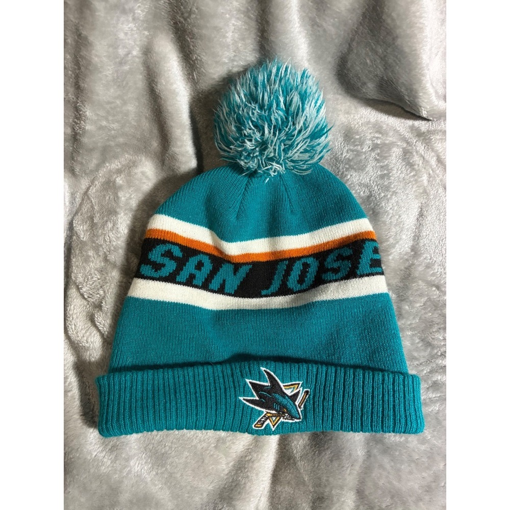 Adidas San Jose Sharks NHL Teal Black Orange Knit Pom Beanie Hat One Size